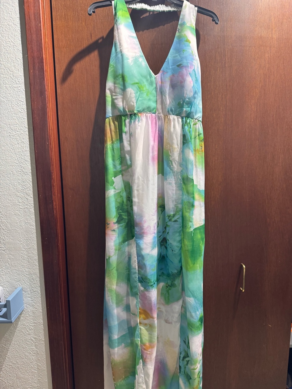 bebe Watercolor Maxi Dress in Mint Green, Blue & Purple